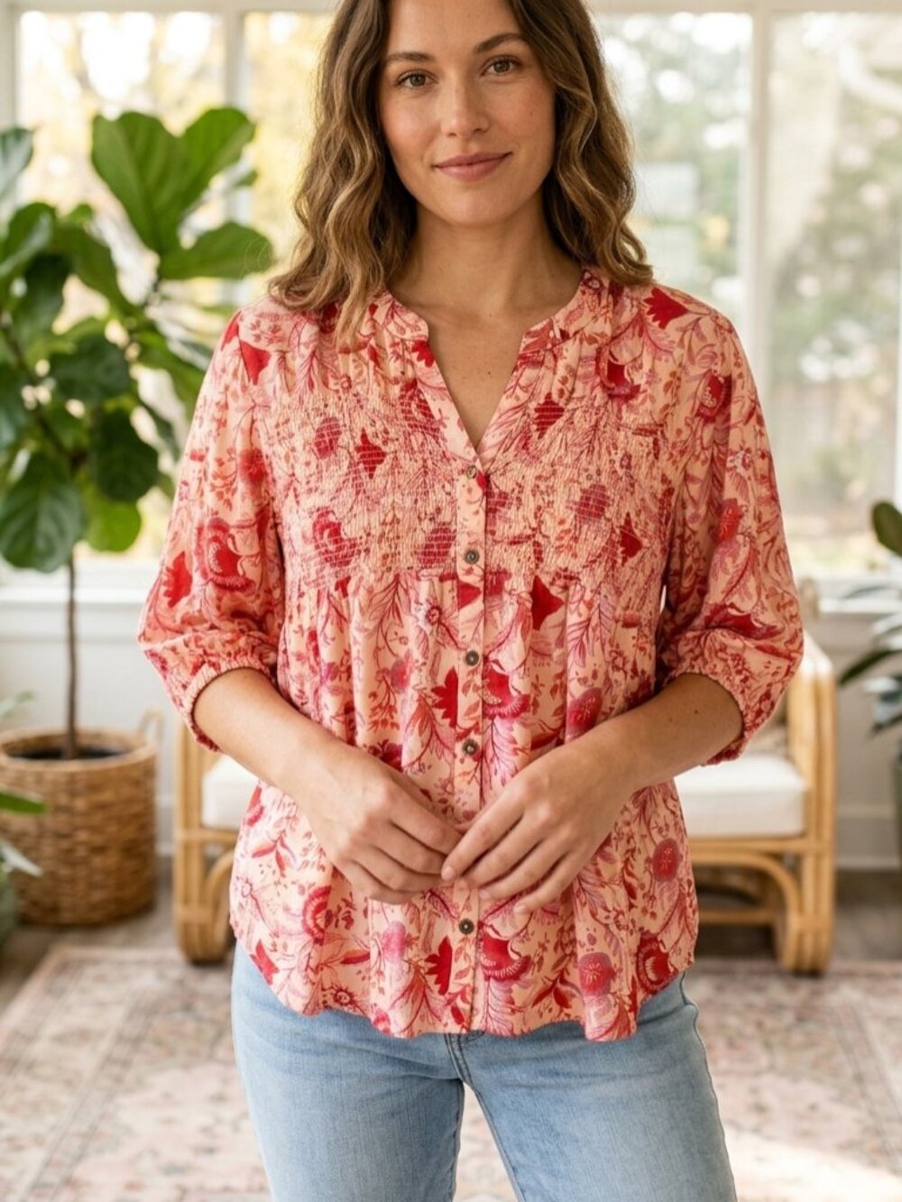 Knox Rose Pink Red Boho Floral Smocked Button Tunic Blouse Size L